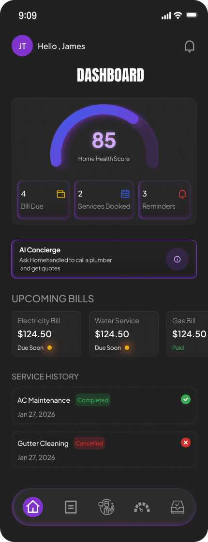 Home Handled dashboard with home health score of 85