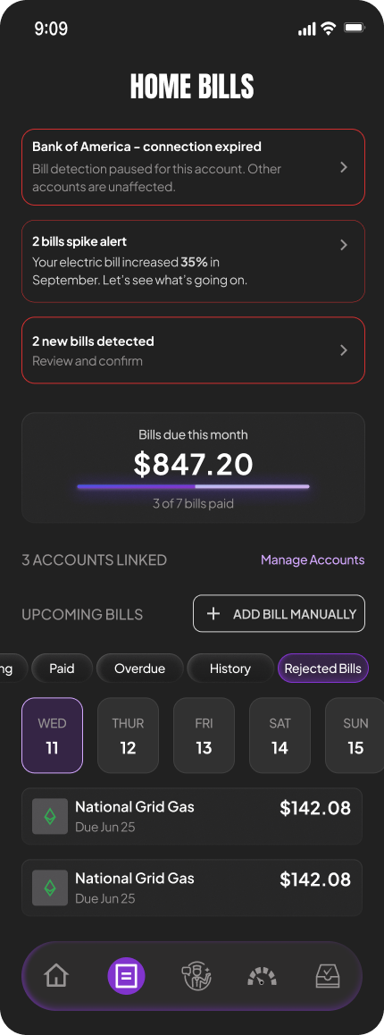 Home Bills dashboard screen